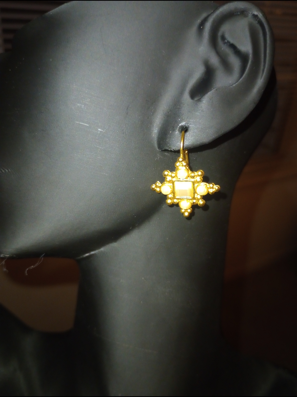 Gold Tone Ornate Faux Pearl Earrings